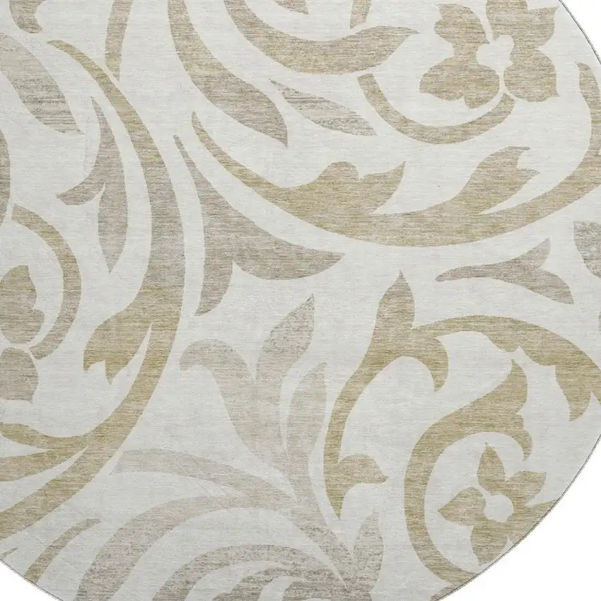 8' Ivory Beige And Taupe Floral Washable Round Rug With UV Protection Photo 3