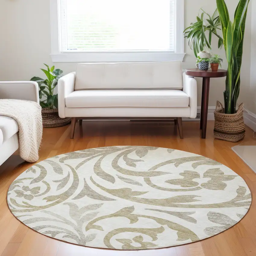8' Ivory Beige And Taupe Floral Washable Round Rug With UV Protection Photo 5