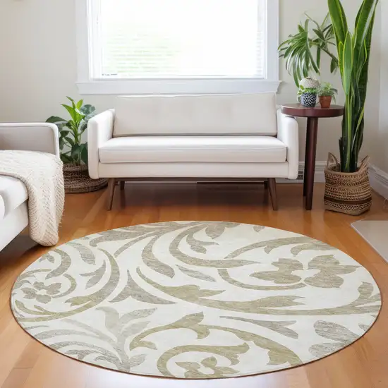 8' Ivory Beige And Taupe Floral Washable Round Rug With UV Protection Photo 5