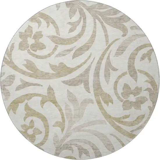 8' Ivory Beige And Taupe Floral Washable Round Rug With UV Protection Photo 4