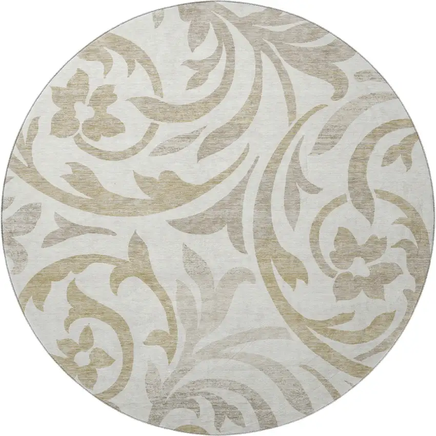 8' Ivory Beige And Taupe Floral Washable Round Rug With UV Protection Photo 4