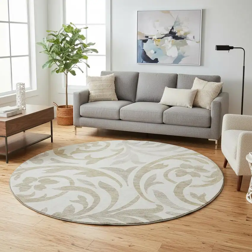 8' Ivory Beige And Taupe Floral Washable Round Rug With UV Protection Photo 2