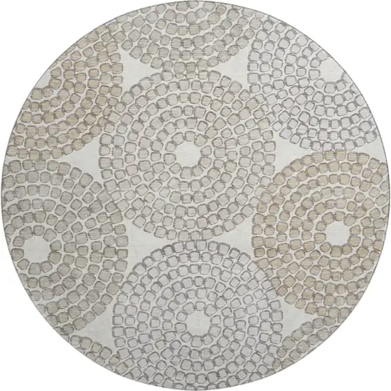 8' Ivory Beige And Taupe Geometric Washable Round Rug With UV Protection Photo 1