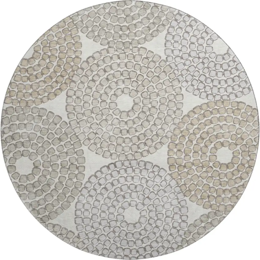 8' Ivory Beige And Taupe Geometric Washable Round Rug With UV Protection Photo 1
