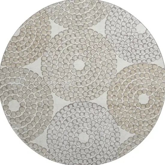 8' Ivory Beige And Taupe Geometric Washable Round Rug With UV Protection Photo 4