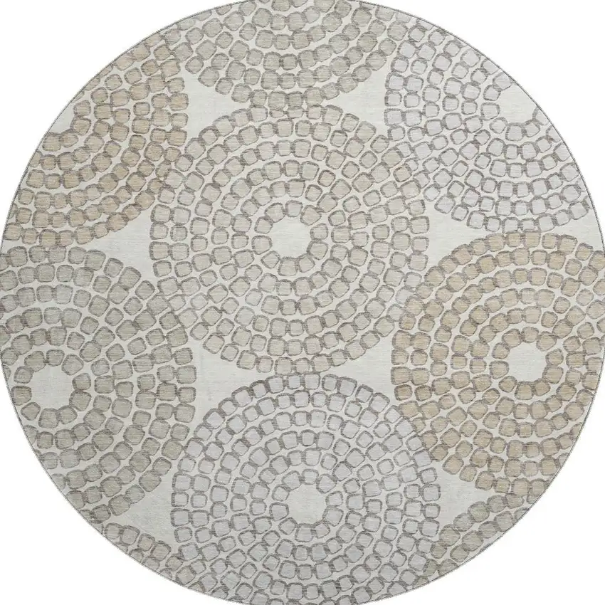 8' Ivory Beige And Taupe Geometric Washable Round Rug With UV Protection Photo 4