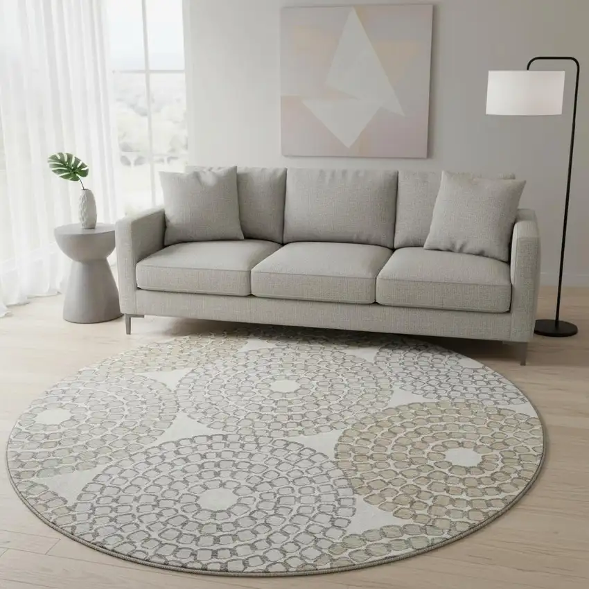 8' Ivory Beige And Taupe Geometric Washable Round Rug With UV Protection Photo 2