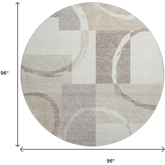 8' Ivory Beige And Taupe Geometric Washable Round Rug With UV Protection Photo 9