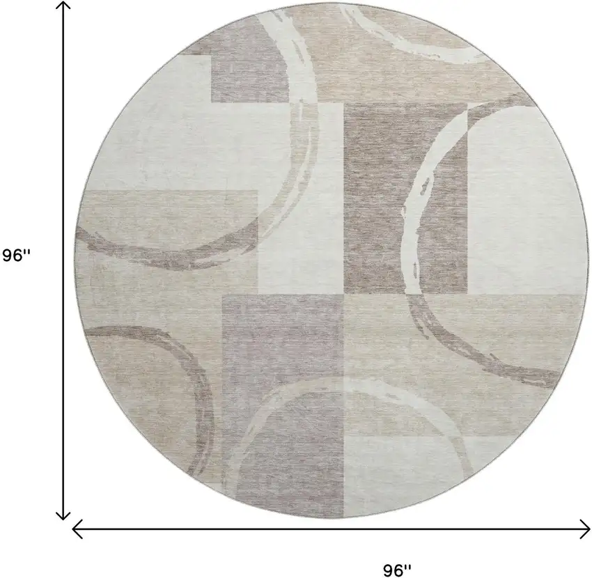 8' Ivory Beige And Taupe Geometric Washable Round Rug With UV Protection Photo 9