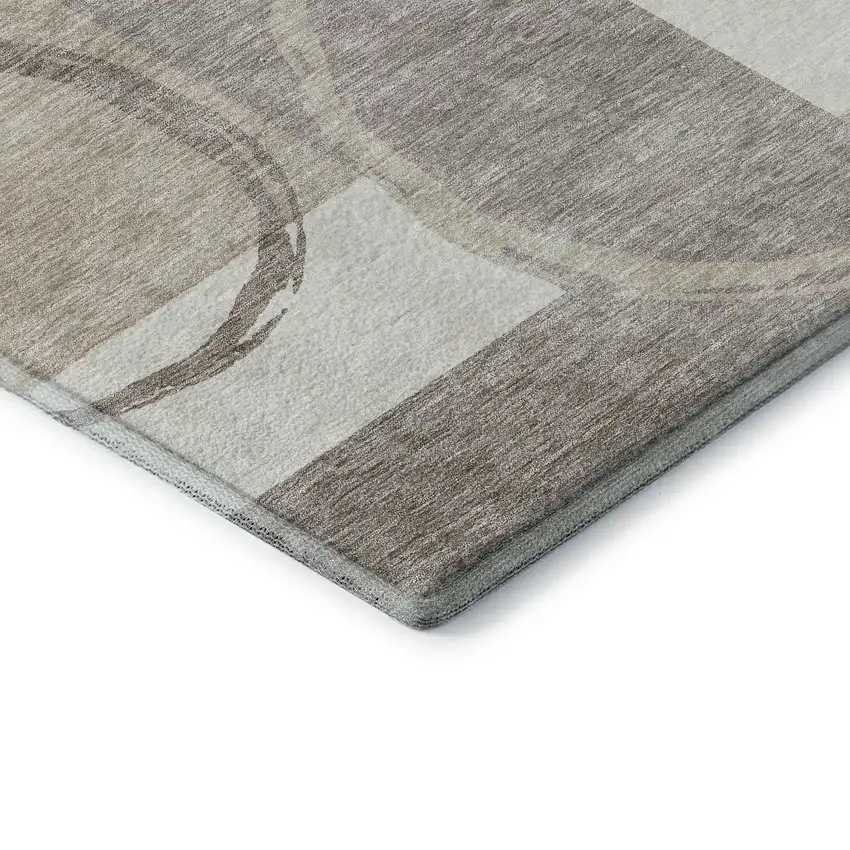 8' Ivory Beige And Taupe Geometric Washable Round Rug With UV Protection Photo 6