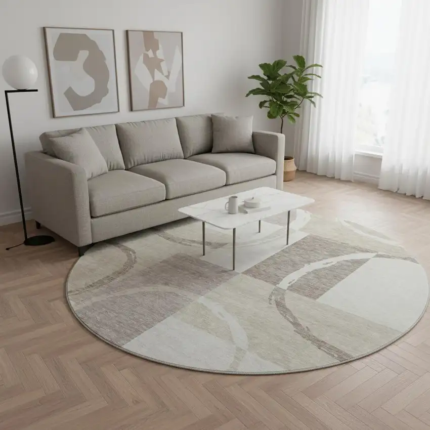 8' Ivory Beige And Taupe Geometric Washable Round Rug With UV Protection Photo 2