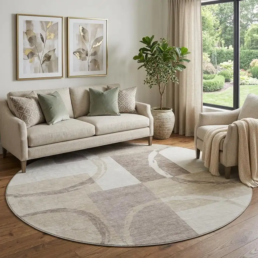 8' Ivory Beige And Taupe Geometric Washable Round Rug With UV Protection Photo 1