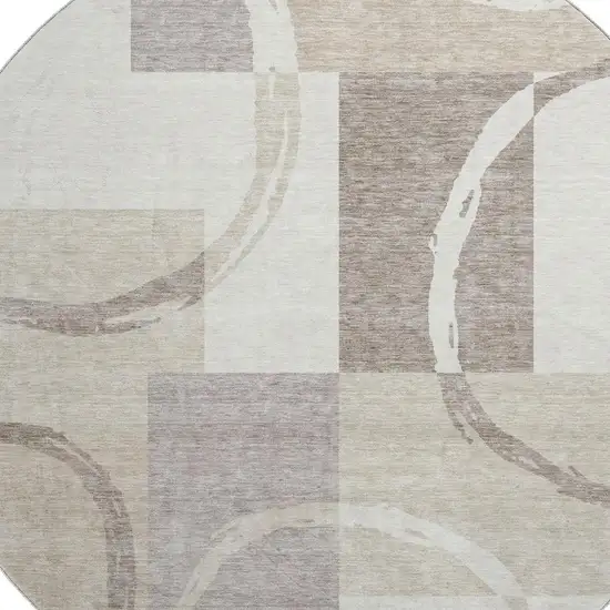 8' Ivory Beige And Taupe Geometric Washable Round Rug With UV Protection Photo 2