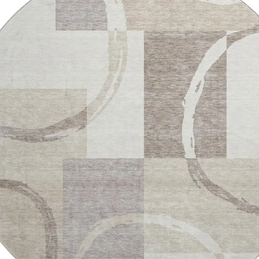 8' Ivory Beige And Taupe Geometric Washable Round Rug With UV Protection Photo 2