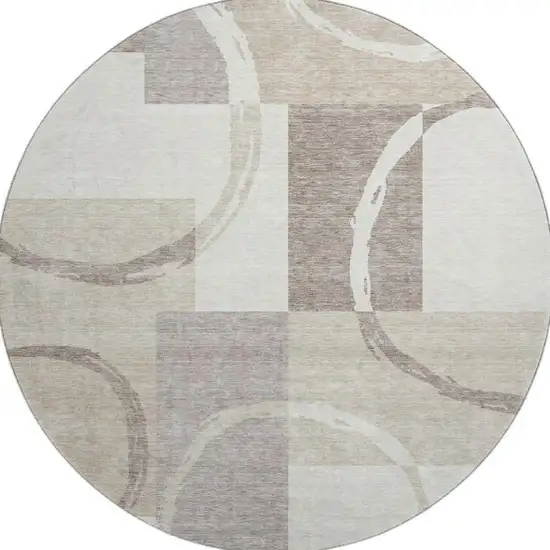 8' Ivory Beige And Taupe Geometric Washable Round Rug With UV Protection Photo 3