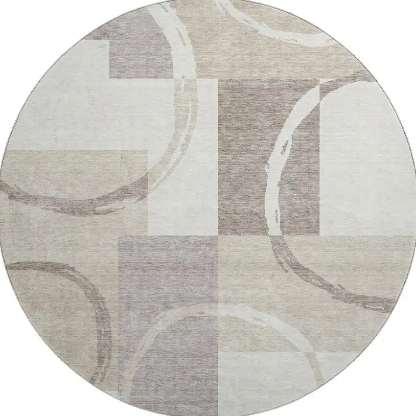 8' Ivory Beige And Taupe Geometric Washable Round Rug With UV Protection Photo 3
