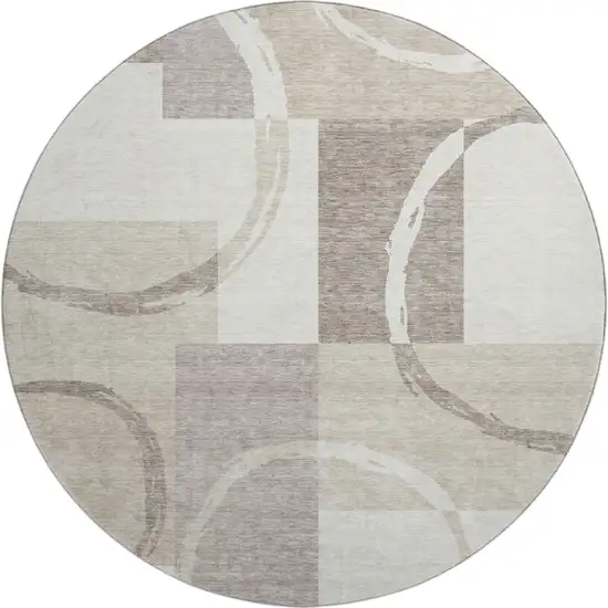 8' Ivory Beige And Taupe Geometric Washable Round Rug With UV Protection Photo 1