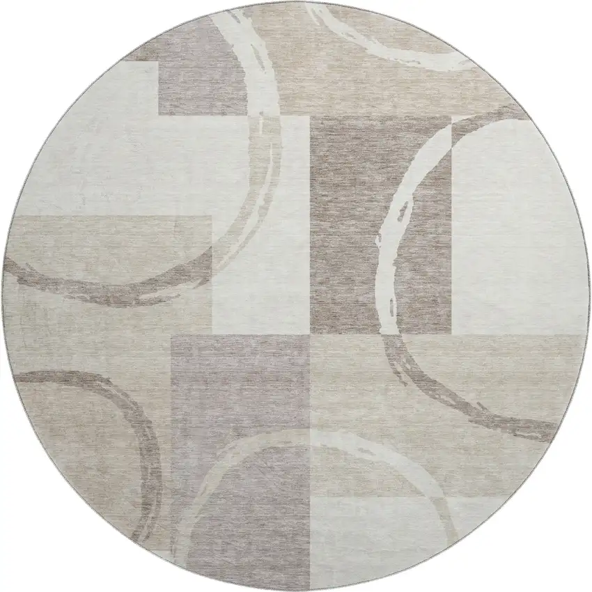 8' Ivory Beige And Taupe Geometric Washable Round Rug With UV Protection Photo 1