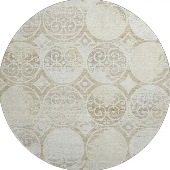 8' Ivory Beige And Taupe Medallion Washable Round Rug With UV Protection Photo 4