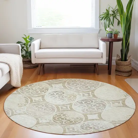 8' Ivory Beige And Taupe Medallion Washable Round Rug With UV Protection Photo 5