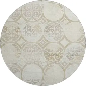 Photo of 8' Ivory Beige And Taupe Medallion Washable Round Rug With UV Protection