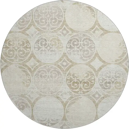 8' Ivory Beige And Taupe Medallion Washable Round Rug With UV Protection Photo 1