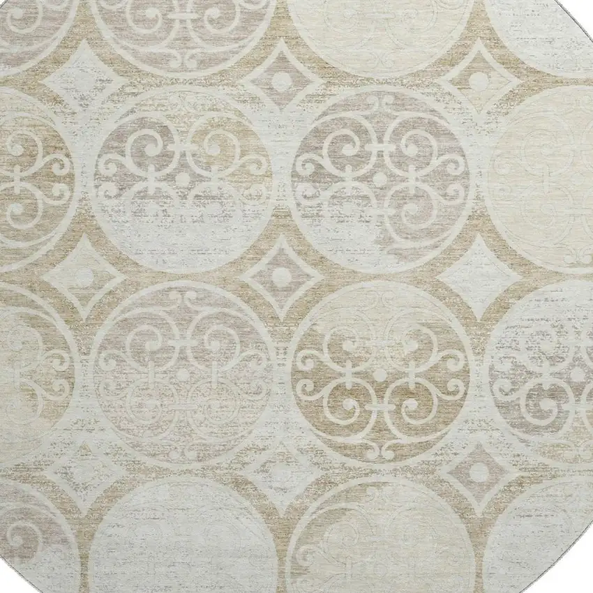 8' Ivory Beige And Taupe Medallion Washable Round Rug With UV Protection Photo 3