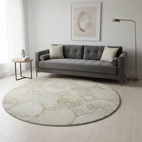 8' Ivory Beige And Taupe Medallion Washable Round Rug With UV Protection Photo 2