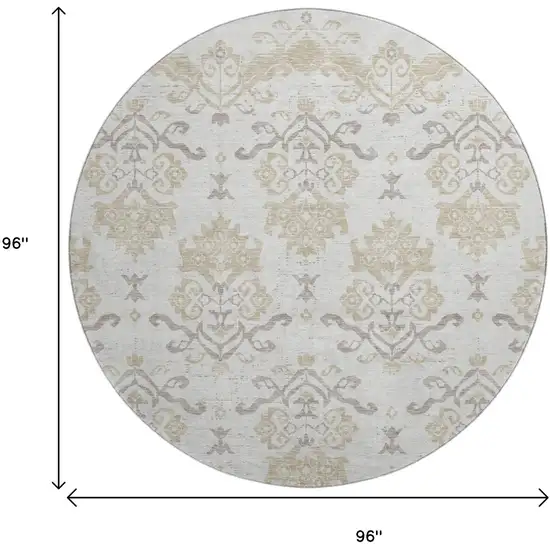 8' Ivory Beige And Taupe Medallion Washable Round Rug With UV Protection Photo 9