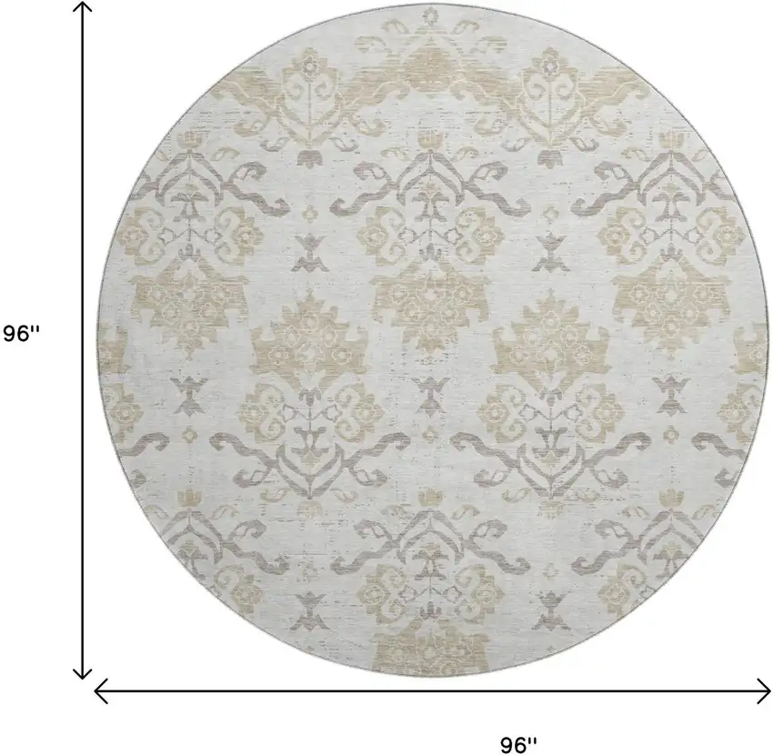 8' Ivory Beige And Taupe Medallion Washable Round Rug With UV Protection Photo 9