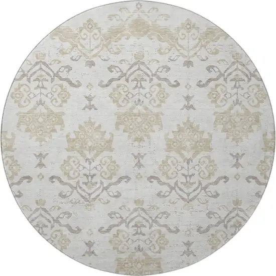 8' Ivory Beige And Taupe Medallion Washable Round Rug With UV Protection Photo 3