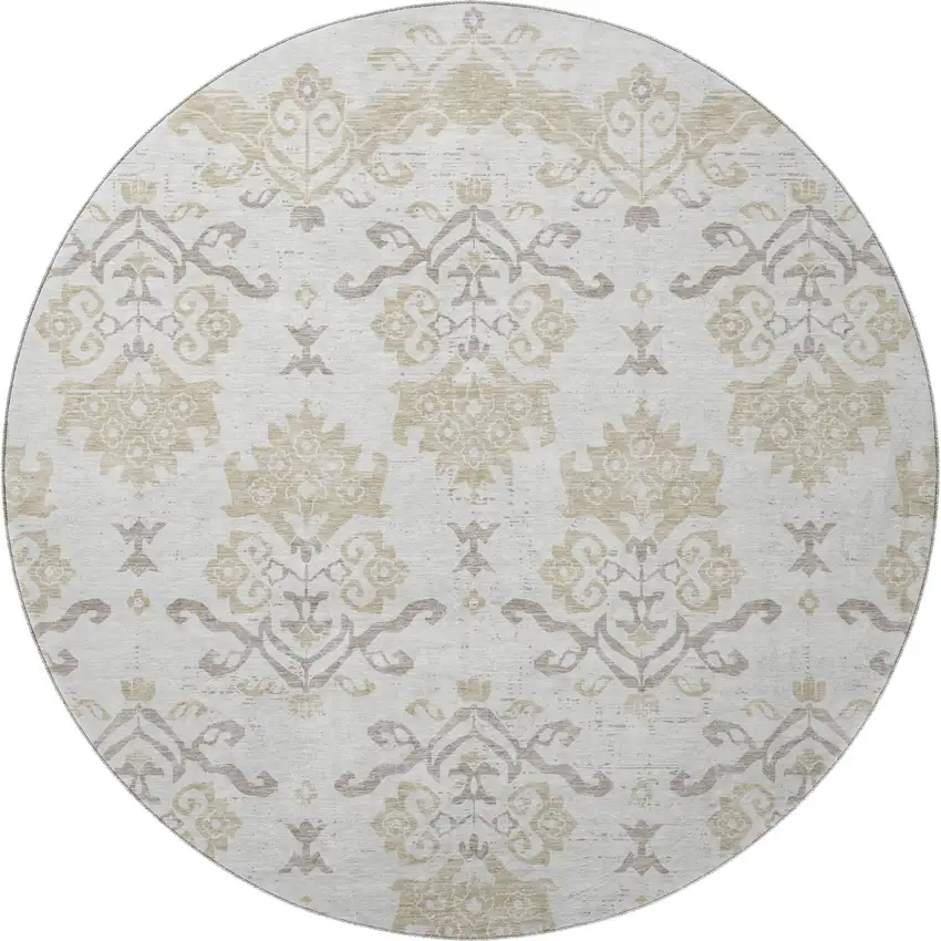 8' Ivory Beige And Taupe Medallion Washable Round Rug With UV Protection Photo 3