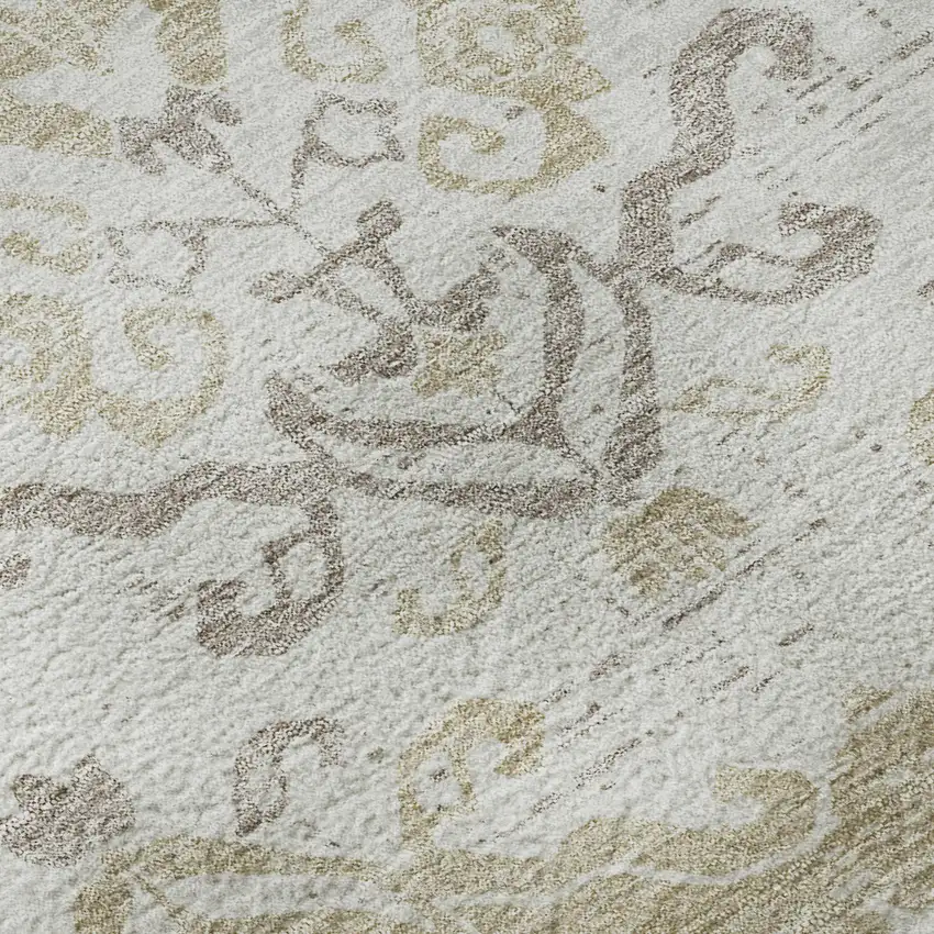 8' Ivory Beige And Taupe Medallion Washable Round Rug With UV Protection Photo 8