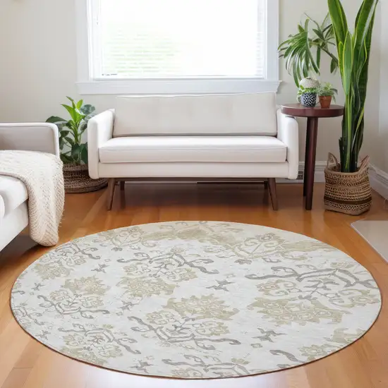 8' Ivory Beige And Taupe Medallion Washable Round Rug With UV Protection Photo 4