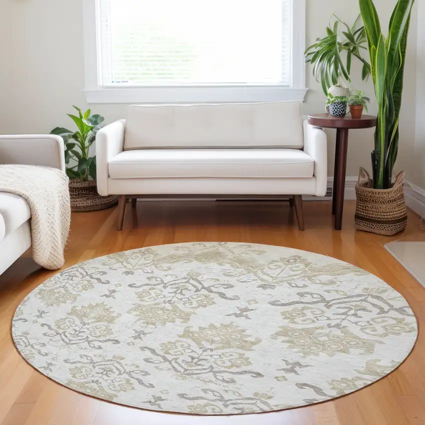 8' Ivory Beige And Taupe Medallion Washable Round Rug With UV Protection Photo 4