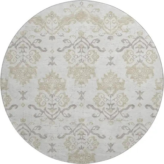 8' Ivory Beige And Taupe Medallion Washable Round Rug With UV Protection Photo 1