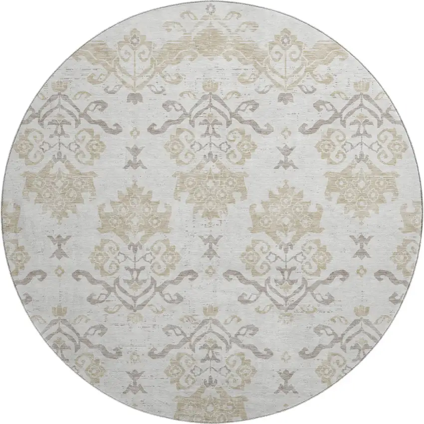 8' Ivory Beige And Taupe Medallion Washable Round Rug With UV Protection Photo 1