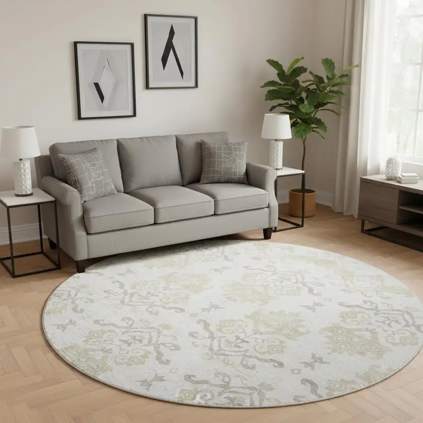 8' Ivory Beige And Taupe Medallion Washable Round Rug With UV Protection Photo 2