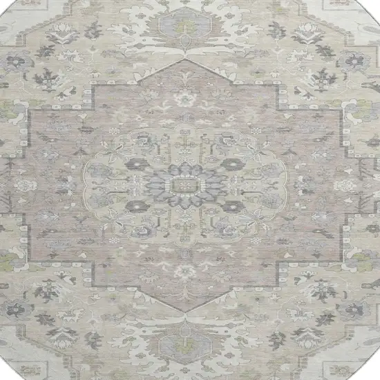 8' Ivory Beige And Taupe Oriental Washable Round Rug With UV Protection Photo 2