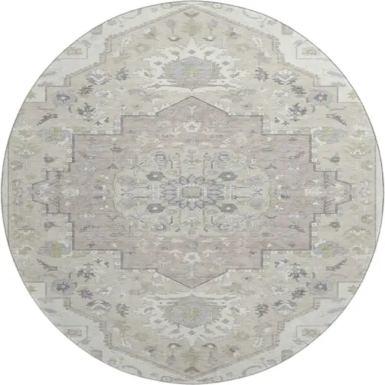 8' Ivory Beige And Taupe Oriental Washable Round Rug With UV Protection Photo 1