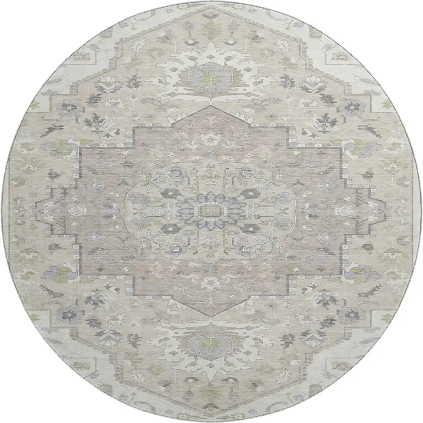 8' Ivory Beige And Taupe Oriental Washable Round Rug With UV Protection Photo 1