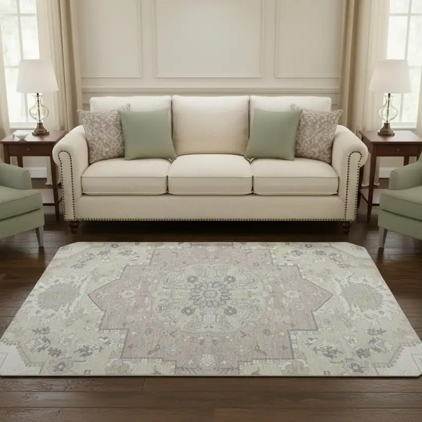 8' Ivory Beige And Taupe Oriental Washable Round Rug With UV Protection Photo 2