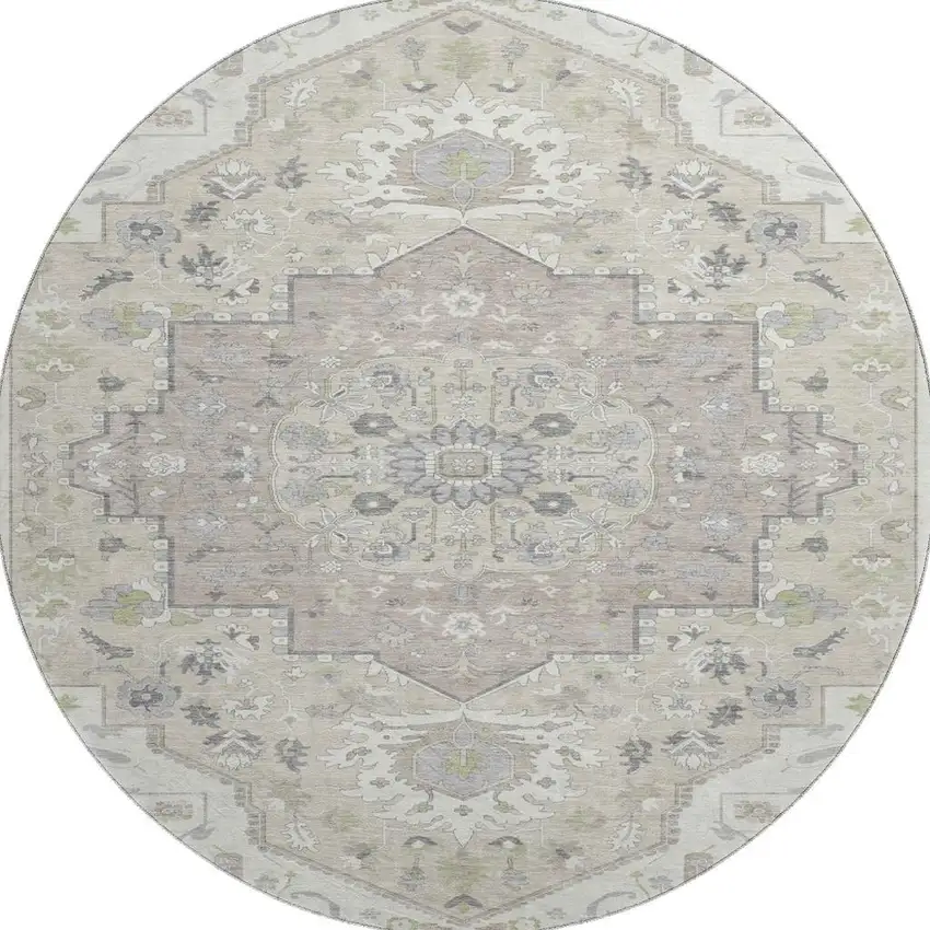 8' Ivory Beige And Taupe Oriental Washable Round Rug With UV Protection Photo 3