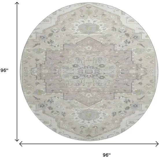 8' Ivory Beige And Taupe Oriental Washable Round Rug With UV Protection Photo 9