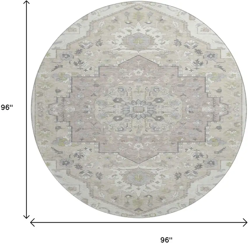 8' Ivory Beige And Taupe Oriental Washable Round Rug With UV Protection Photo 9