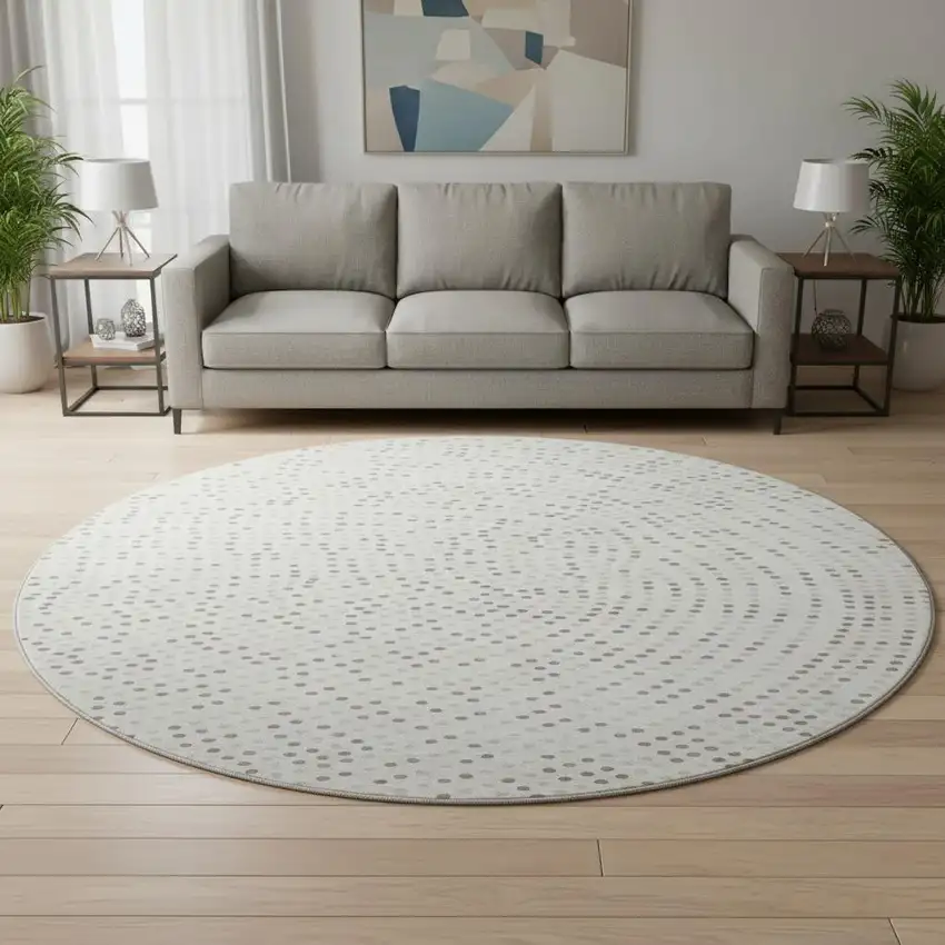 8' Ivory Beige And Taupe Polka Dot Washable Round Rug With UV Protection Photo 2