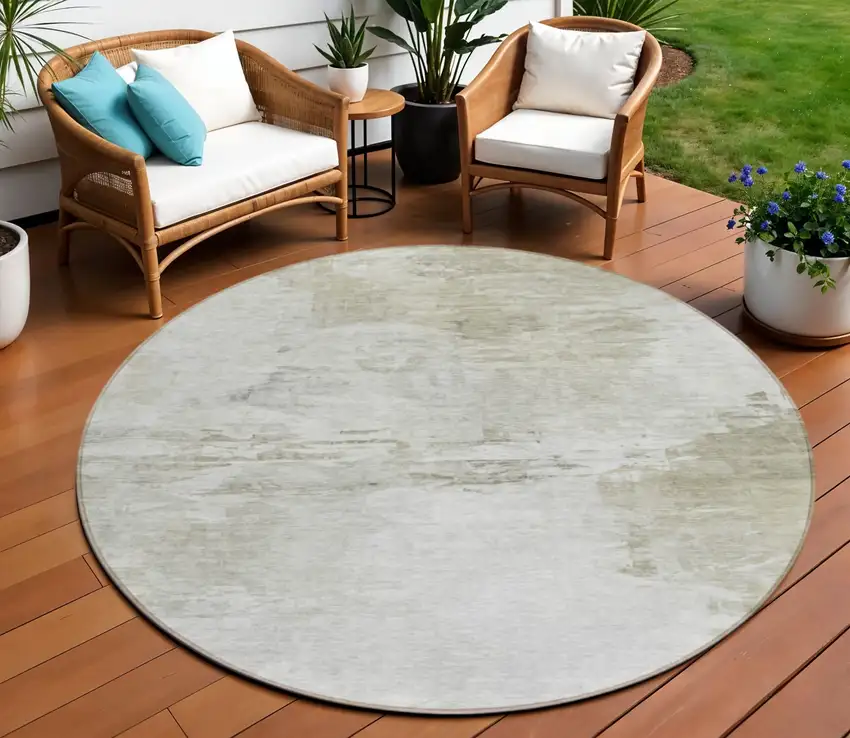 8' Ivory Beige And Taupe Round Abstract Washable Indoor Outdoor Area Rug Photo 1