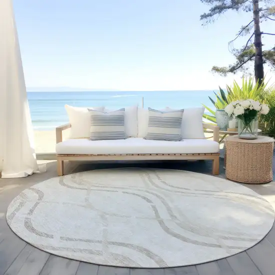 8' Ivory Beige And Taupe Round Abstract Washable Indoor Outdoor Area Rug Photo 6