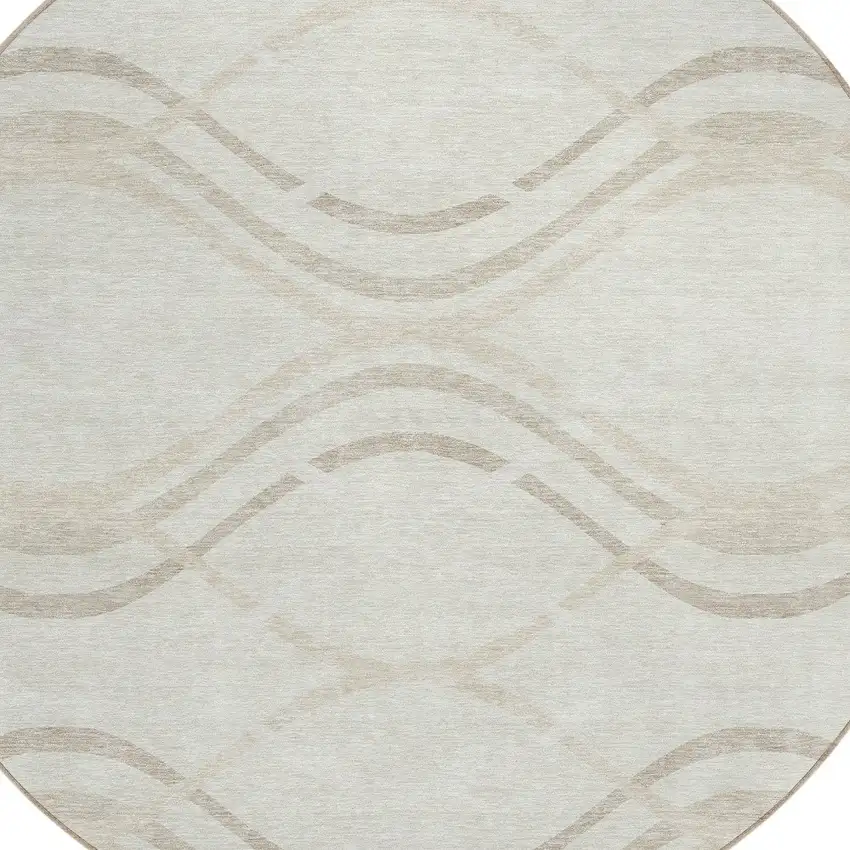 8' Ivory Beige And Taupe Round Abstract Washable Indoor Outdoor Area Rug Photo 5