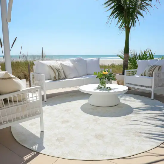 8' Ivory Beige And Taupe Round Floral Medallion Washable Indoor Outdoor Area Rug Photo 6